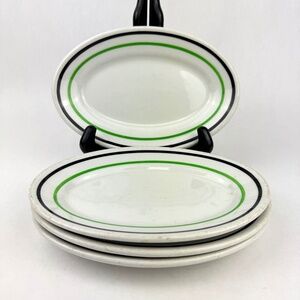 VTG Sterling Vitrified China Oval Dishes Mini Platters Green Black Striped Set/4